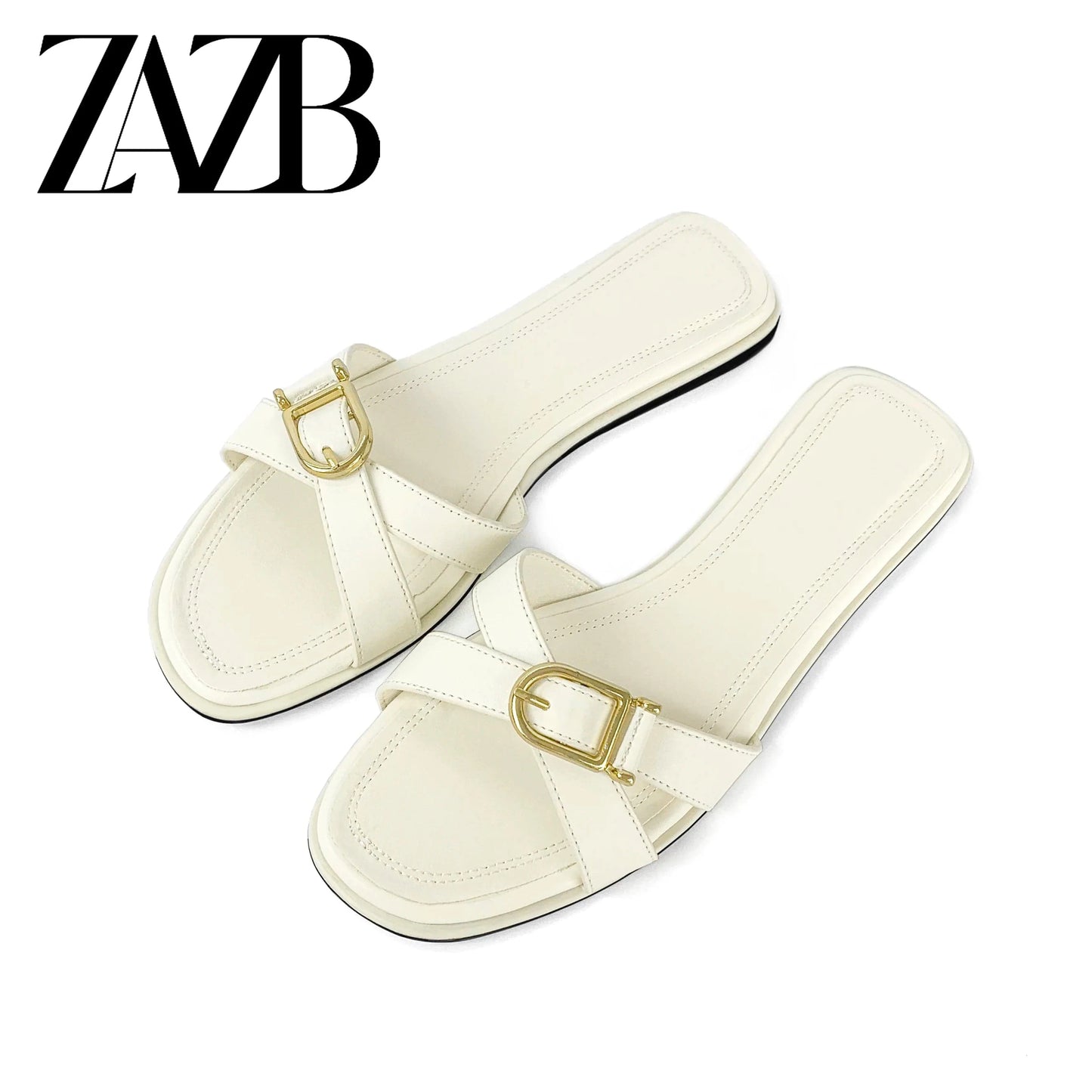 ZAZB Brand Customized Leather Metal Buckle Decoration Women's Slippers Luxury Slippers Wedding Bride Women