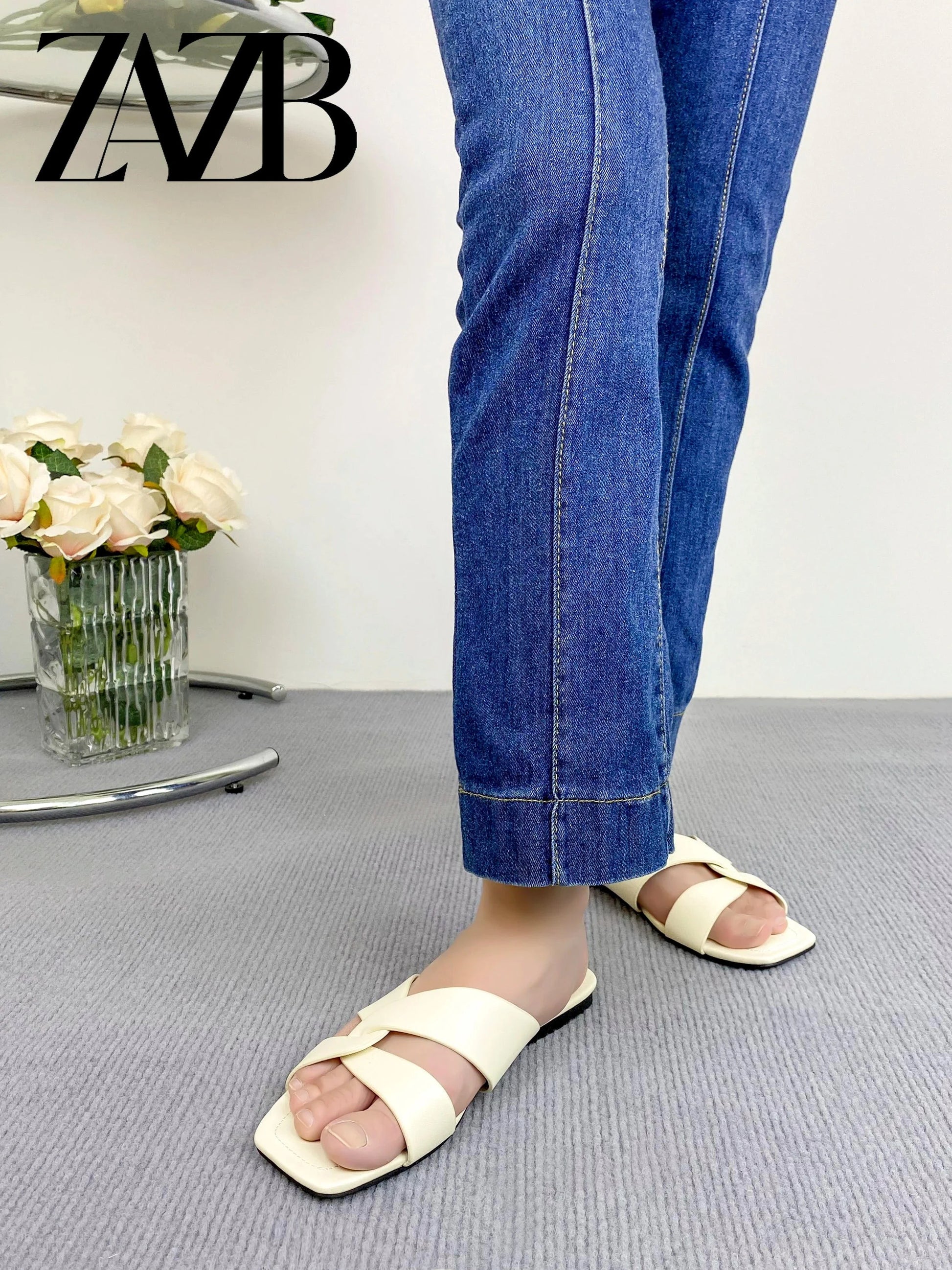 ZAZB Brand Customized Women's Shoes Luxury Flat Bottom Beige Slippers