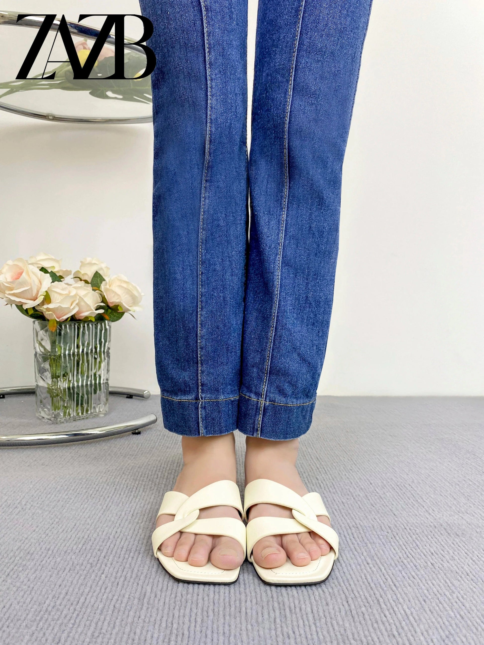 ZAZB Brand Customized Women's Shoes Luxury Flat Bottom Beige Slippers