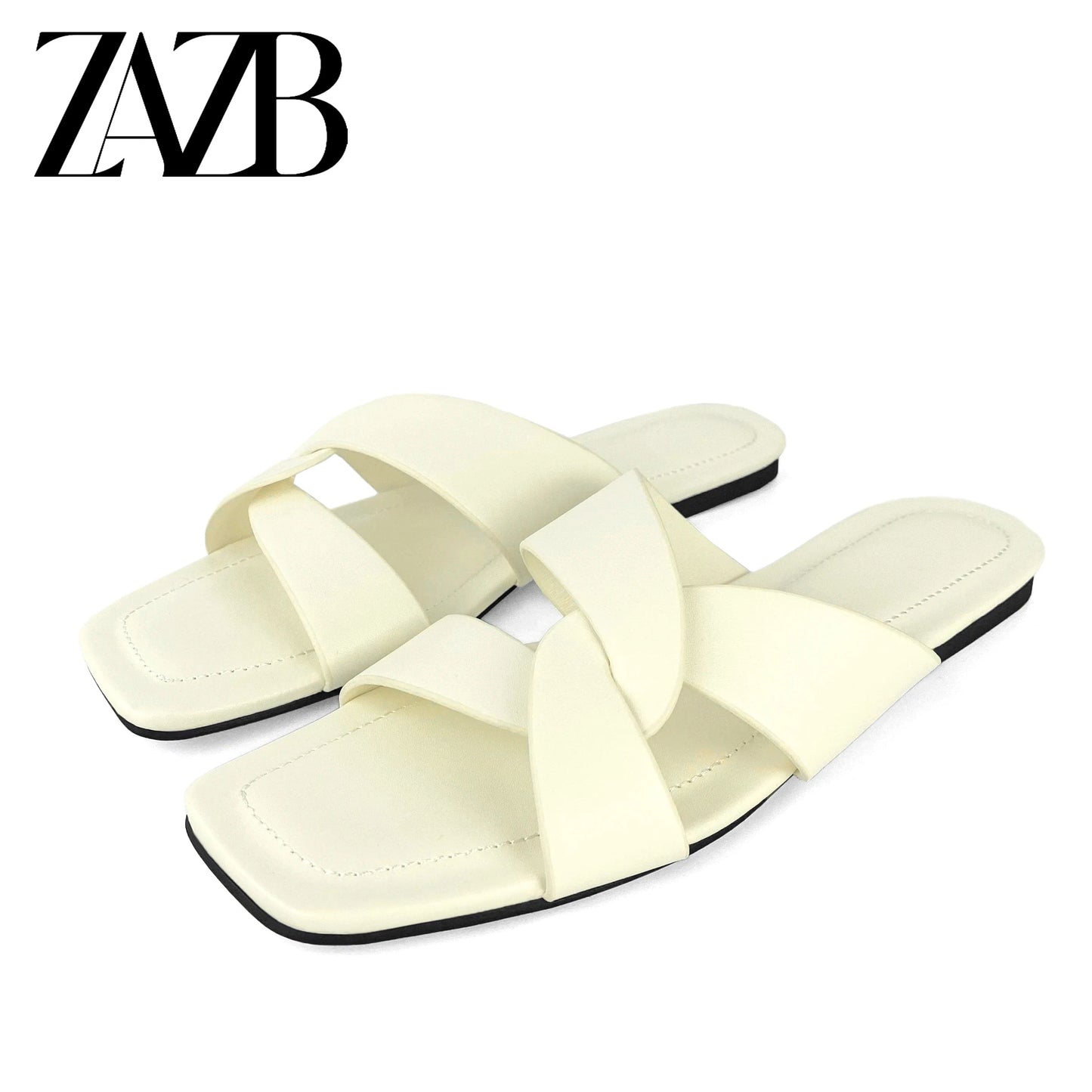 ZAZB Brand Customized Women's Shoes Luxury Flat Bottom Beige Slippers