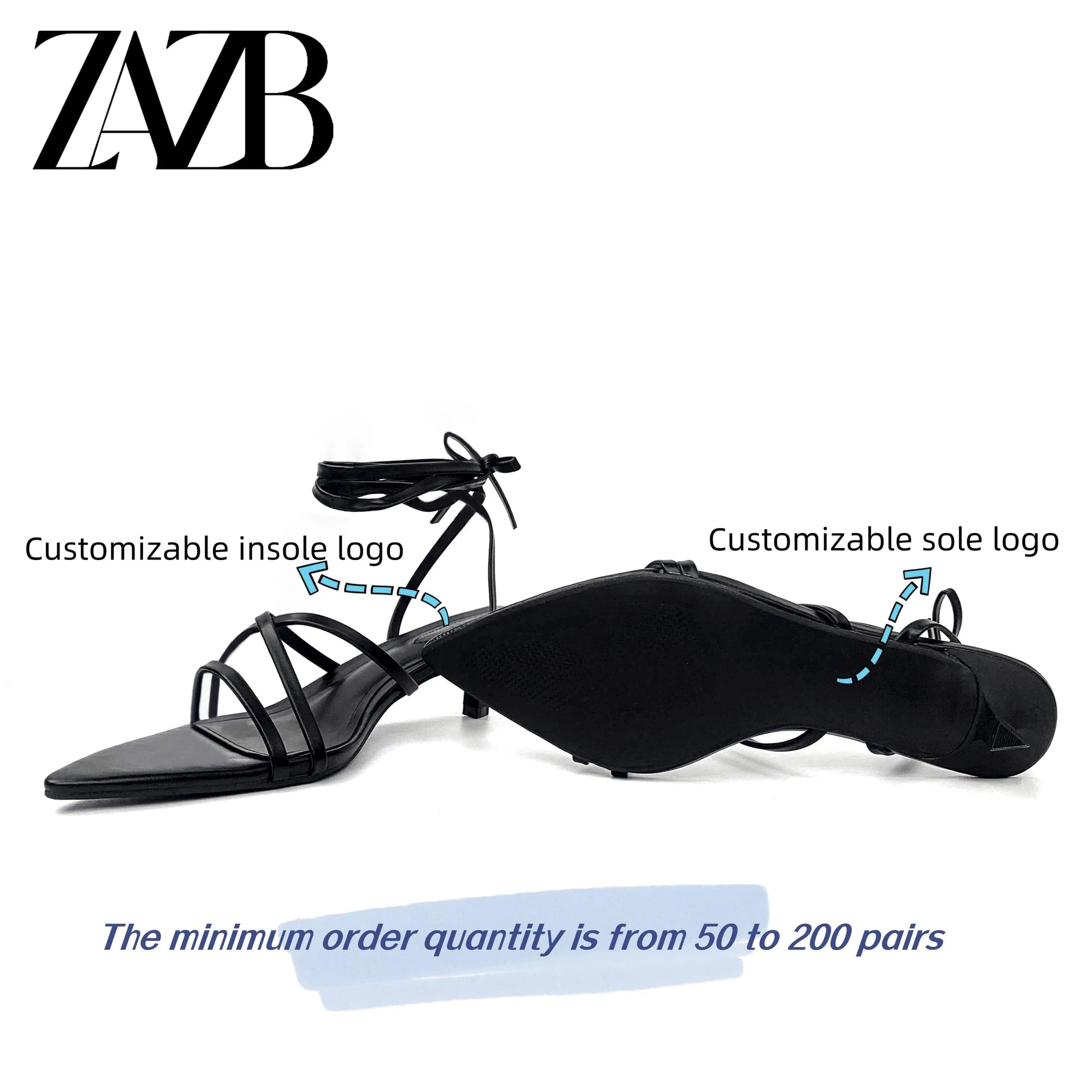 ZAZB Brand Women's Customized Black Pointed Mid Heel Sandals Bridal Shoes Elegant Women