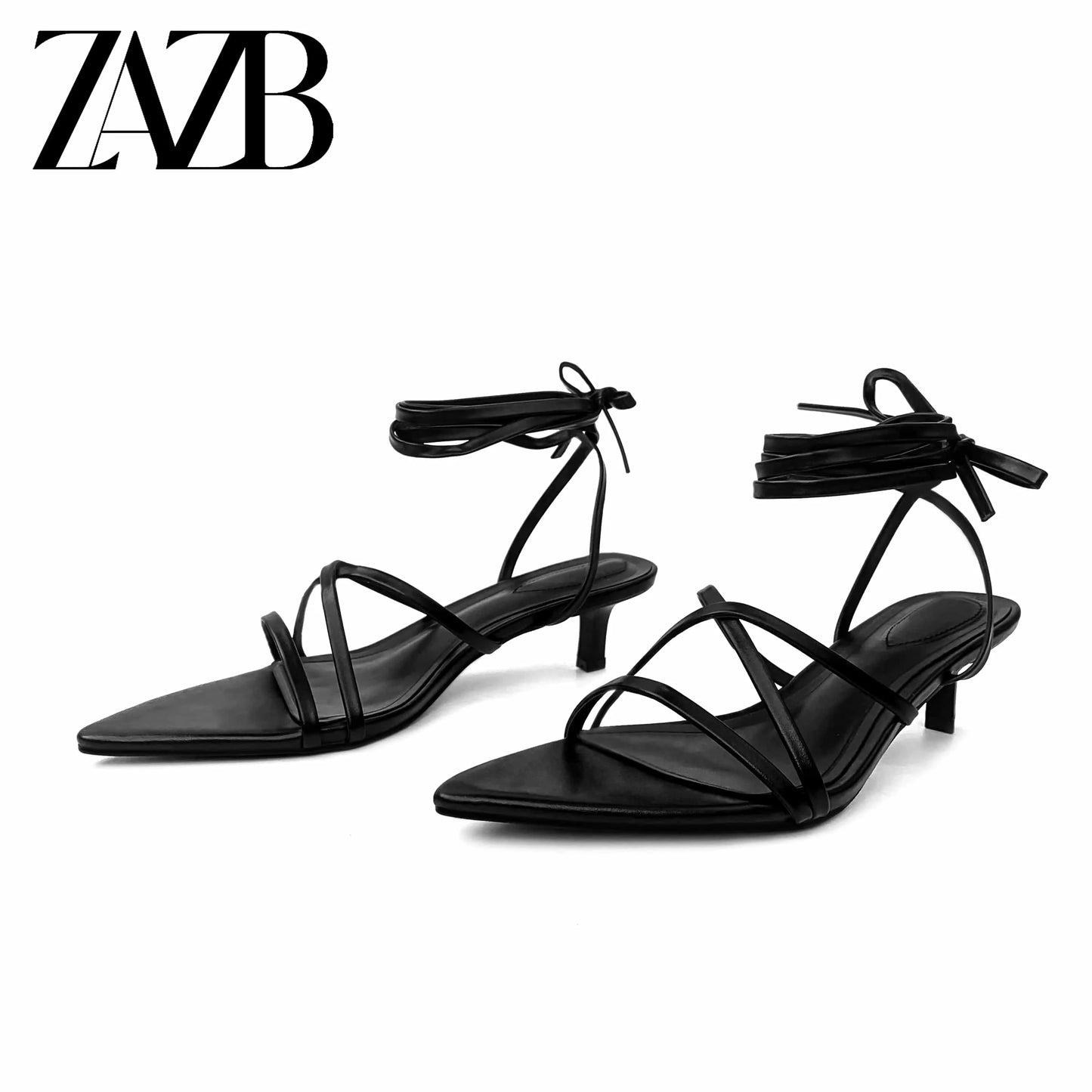 ZAZB Brand Women's Customized Black Pointed Mid Heel Sandals Bridal Shoes Elegant Women