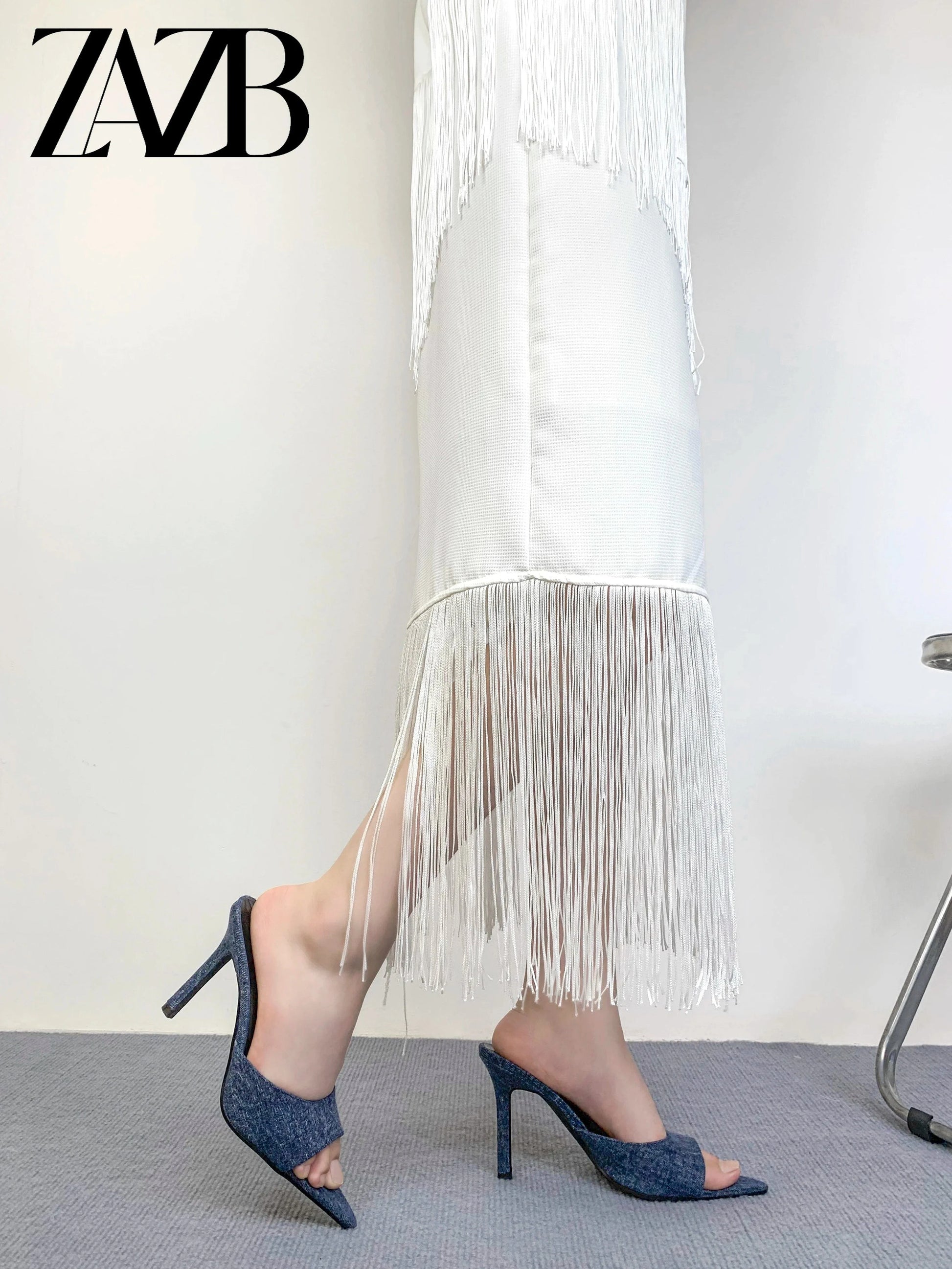 ZAZB leather customized high heel slippers for women's denim pointed slippers for women's shoes