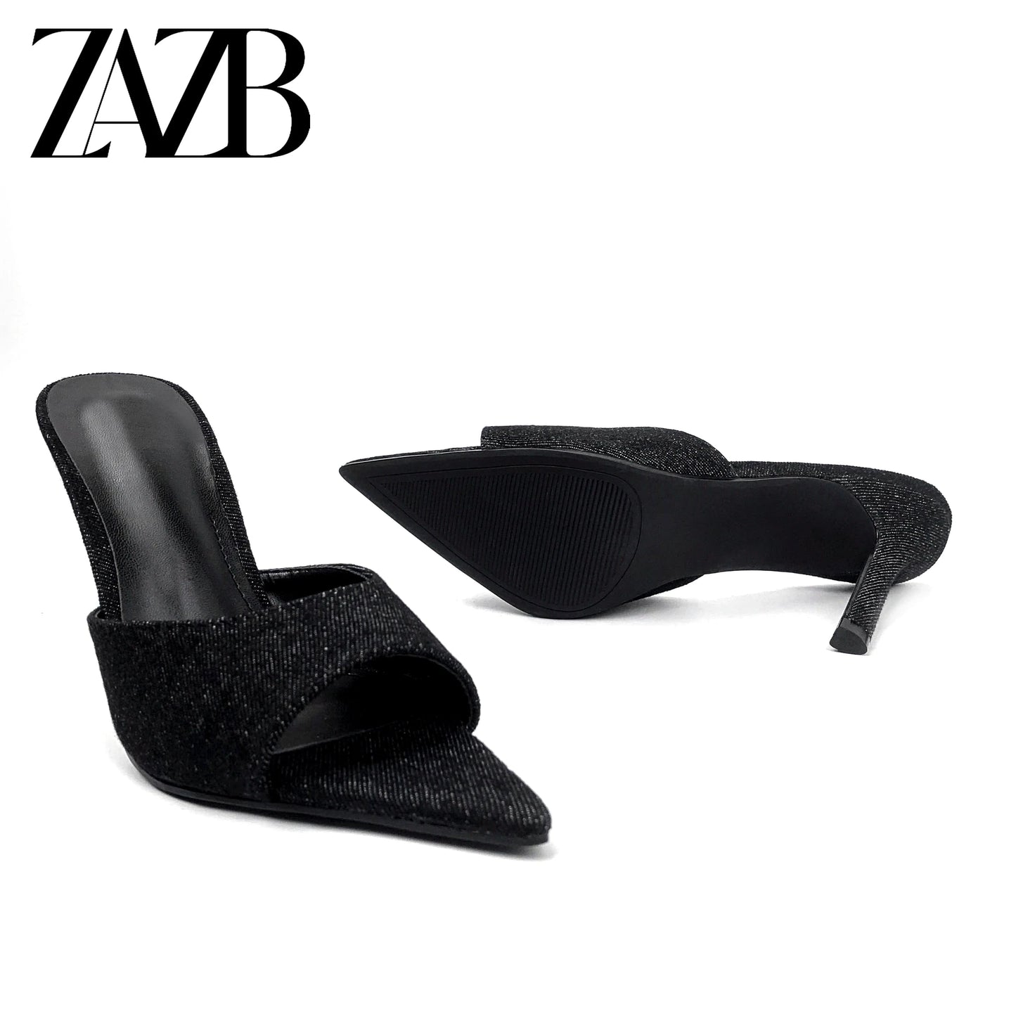 ZAZB leather customized high heel slippers for women's denim pointed slippers for women's shoes