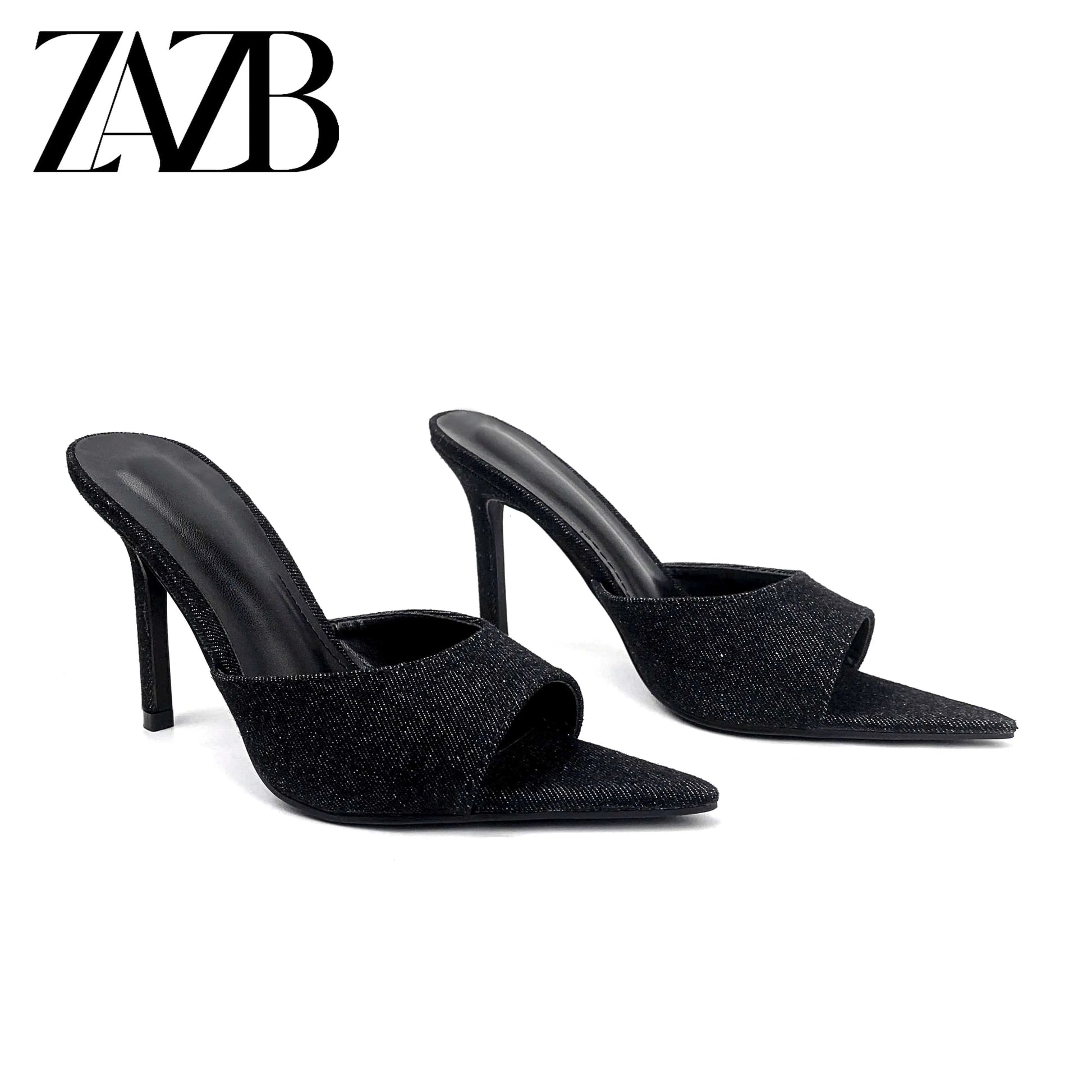 ZAZB leather customized high heel slippers for women's denim pointed slippers for women's shoes