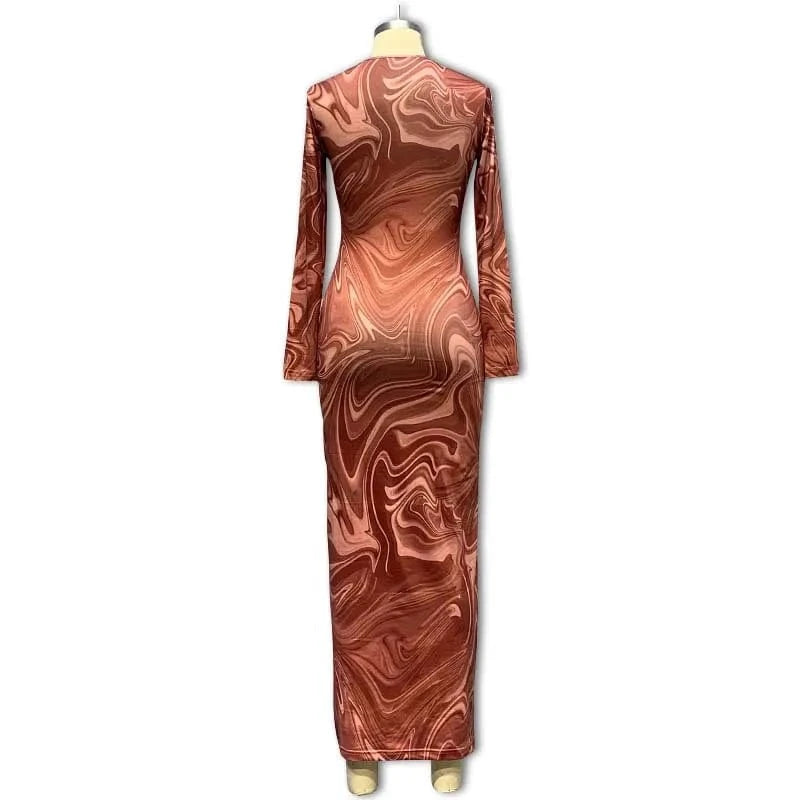 ZD230834 Fashion Designer Custom Fall Y2k Clothes Print Round Neck Long Sleeve Slim Elastic Casual Maxi Dress