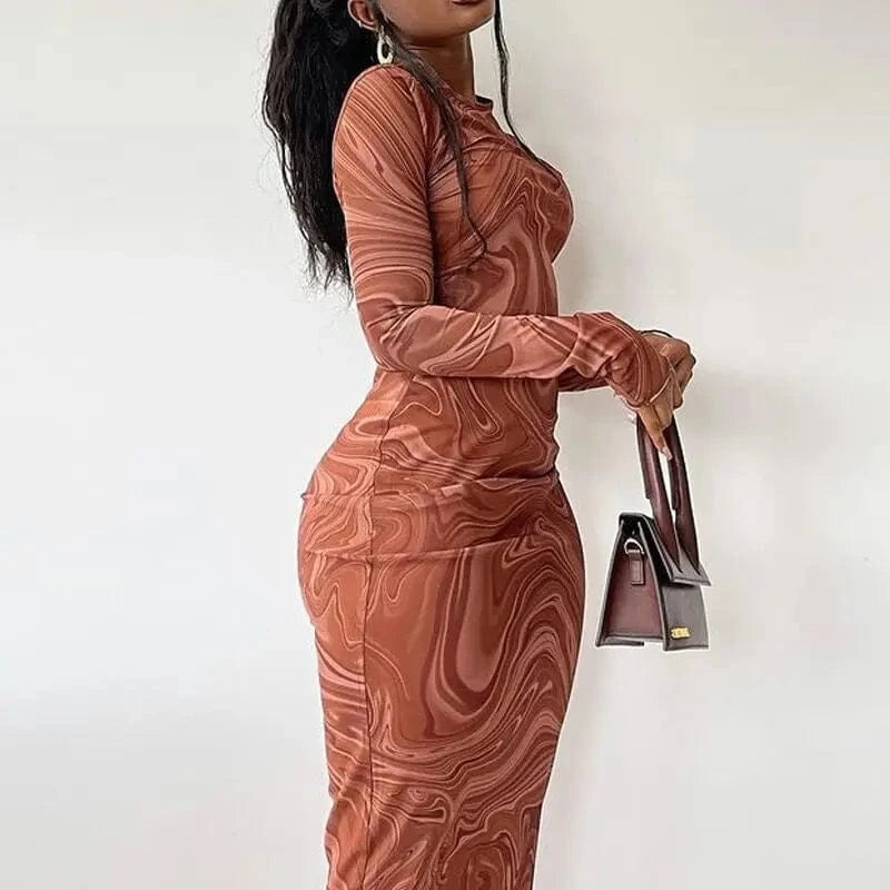 ZD230834 Fashion Designer Custom Fall Y2k Clothes Print Round Neck Long Sleeve Slim Elastic Casual Maxi Dress