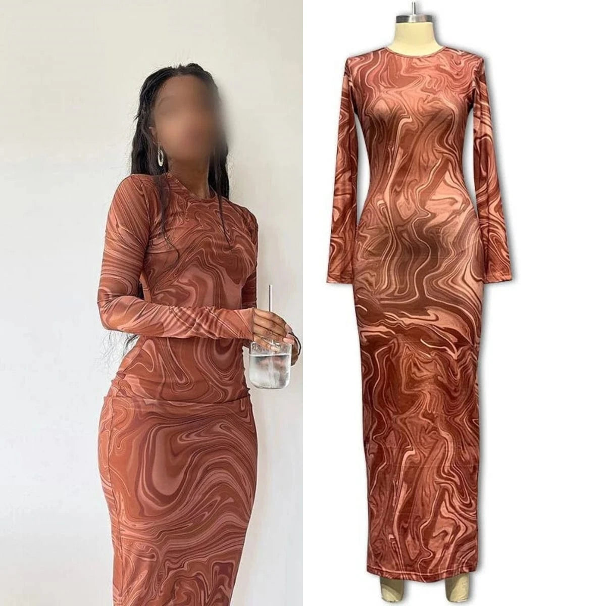 ZD230834 Fashion Designer Custom Fall Y2k Clothes Print Round Neck Long Sleeve Slim Elastic Casual Maxi Dress