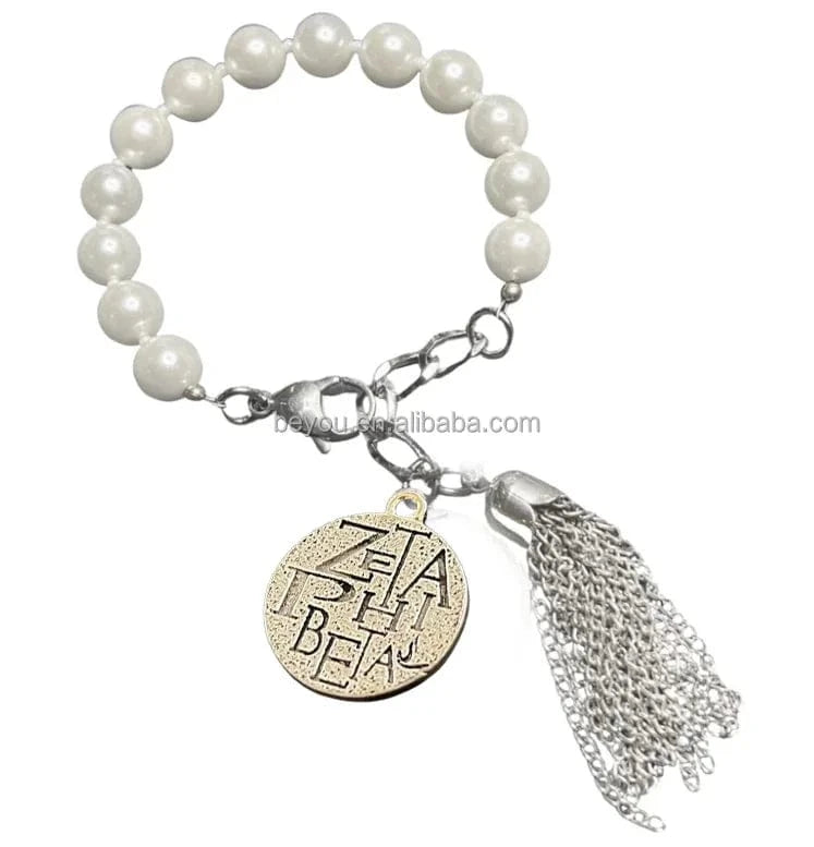 ZETA 10mm Elegant White Glass Pearl Knot Greek Letters Pendant Necklace Bracelet Set Women Jewelry Sorority Party Gift