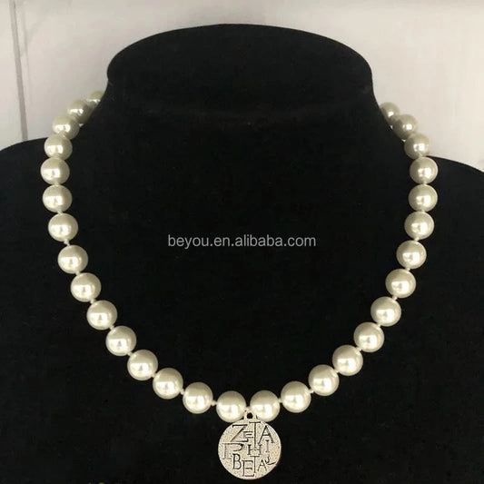 ZETA 10mm Elegant White Glass Pearl Knot Greek Letters Pendant Necklace Bracelet Set Women Jewelry Sorority Party Gift