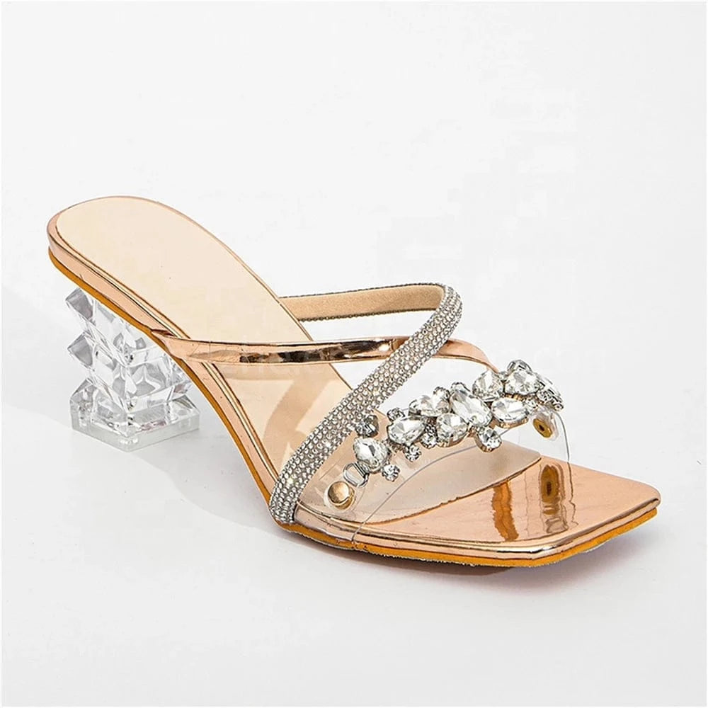ZHEZHE 2023 new design unique square head rhinestone high heel sandal fashion crystal thick heel high heel sandal slipper