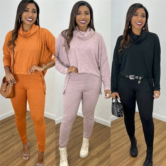 ZHEZHE 2024 Autumn And Winter Women's Solid Color High Neck Sweatshirts And Gym Leggings 2 Piece Set Women Lounge Wear