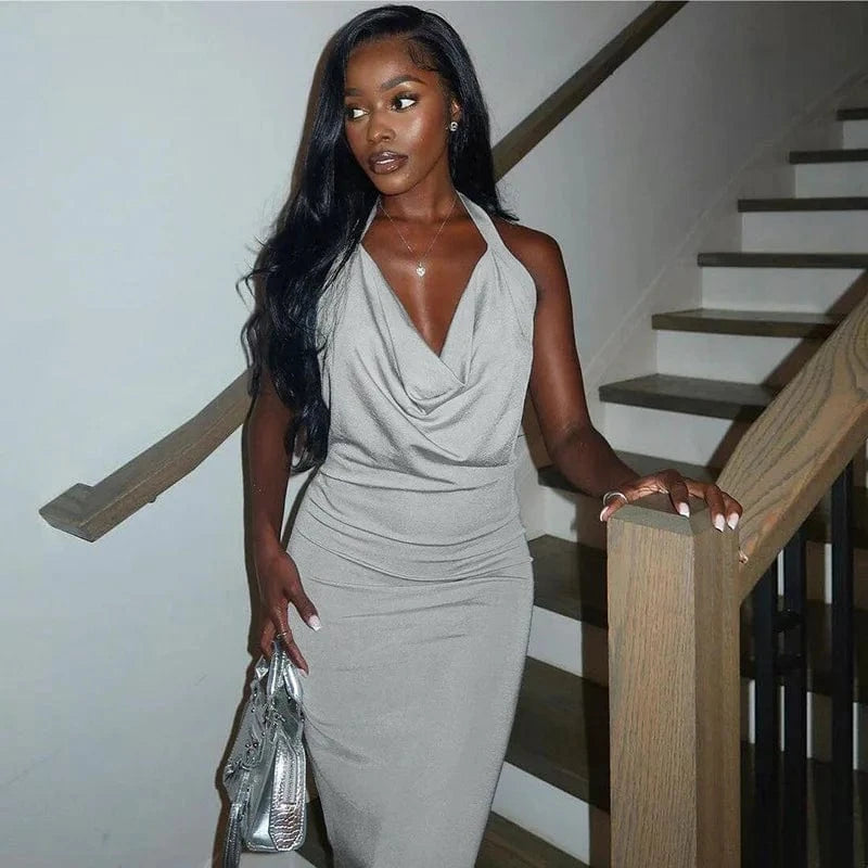 ZHEZHE 2024 Backless Sexy Swinging Neck Straight Evening Party Dress Halter Elegant Maxi Dress Women