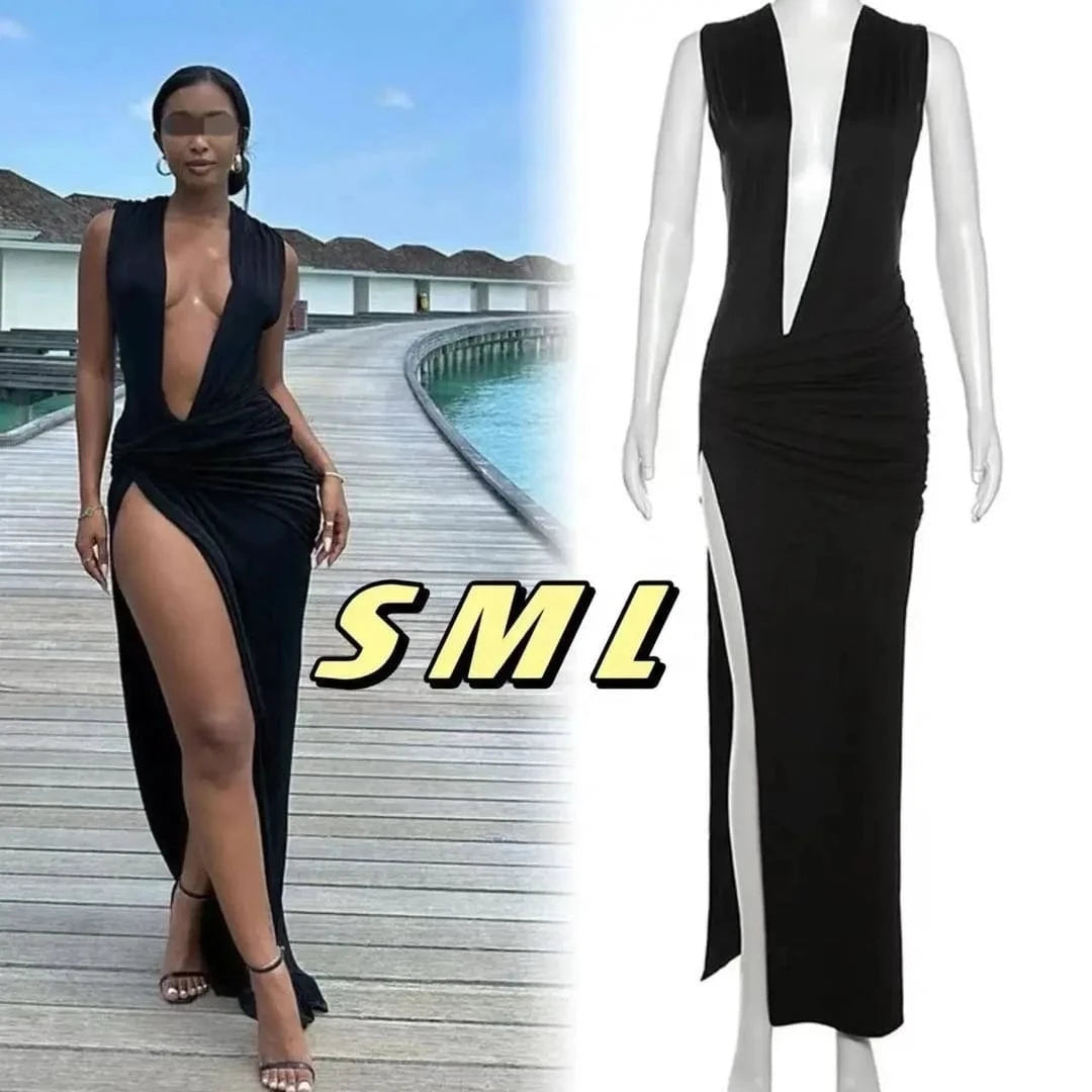 ZHEZHE 2024 Fashion Deep V Neck Sexy Sleeveless High Slit Elegant Women's Club Outfit Summer Long Ruched Dress Ladies Wear