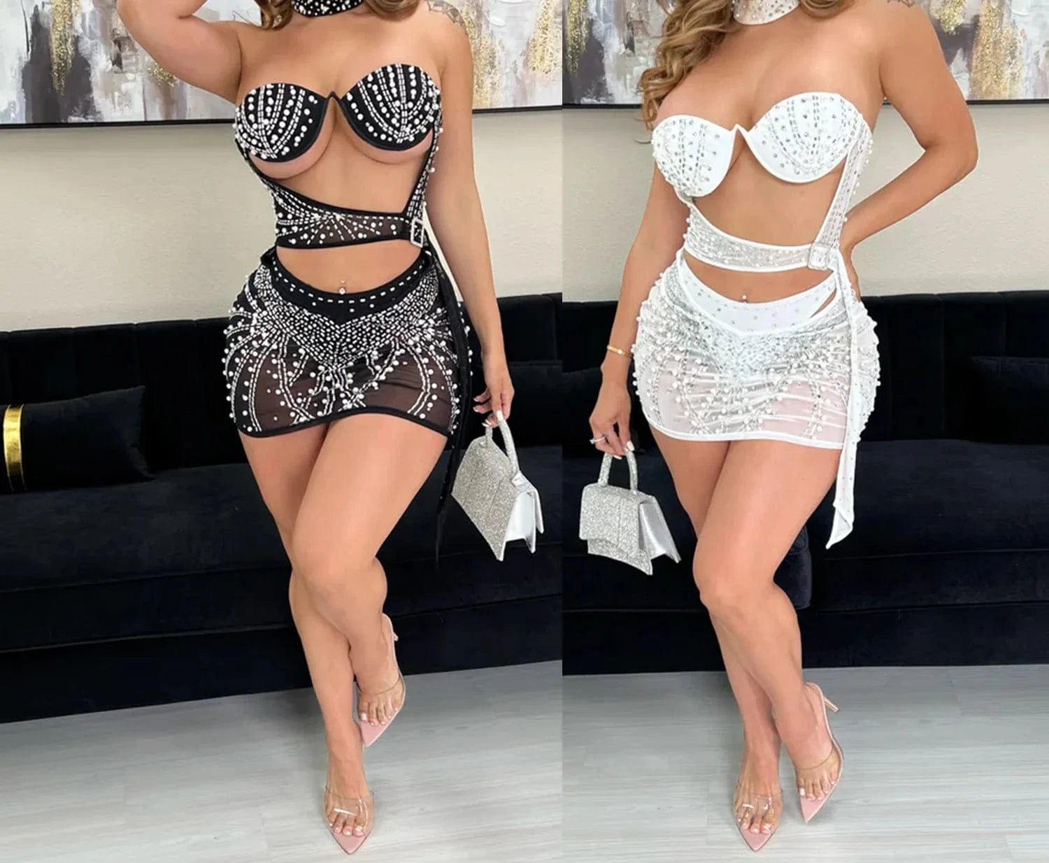 ZHEZHE 2024 New Arrival Sexy See Through Tube Dress With Underwear Rhinestone 3 Piece Night Club Party Dress