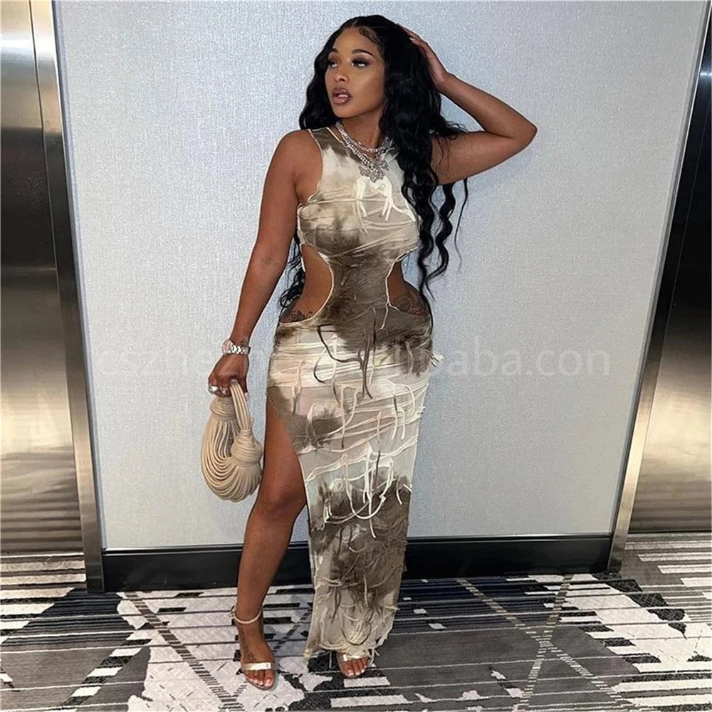 ZHEZHE 2024 New Arrivals Fashion Cut Out Broken Hole Beggar Tassel Slim Fit Wrap Hip Sleeveless Tank Top Long Casual Dress