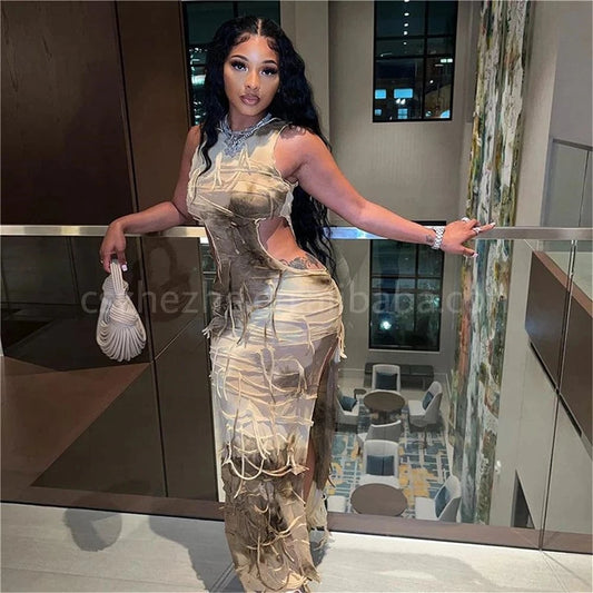 ZHEZHE 2024 New Arrivals Fashion Cut Out Broken Hole Beggar Tassel Slim Fit Wrap Hip Sleeveless Tank Top Long Casual Dress
