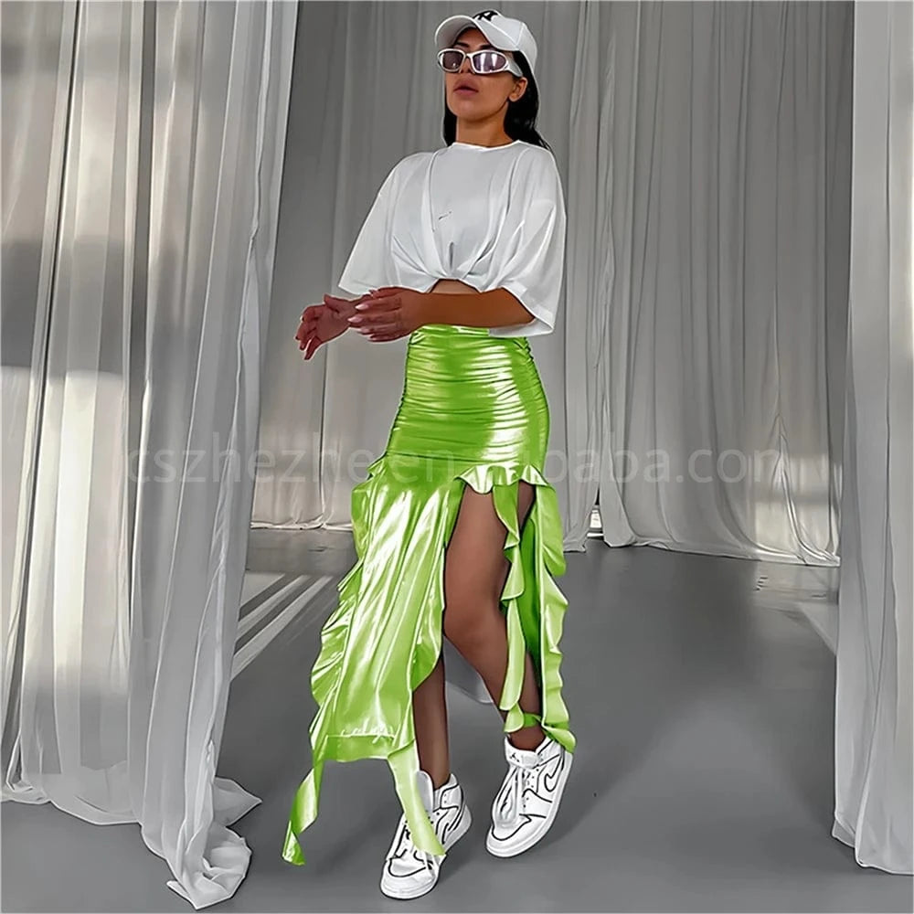 ZHEZHE 2024 New Arrivals Metal Fabric Tassel Fringe High Split Women's Skirts PU Fishtail Skirt Fashion irregular Skirt Ladies