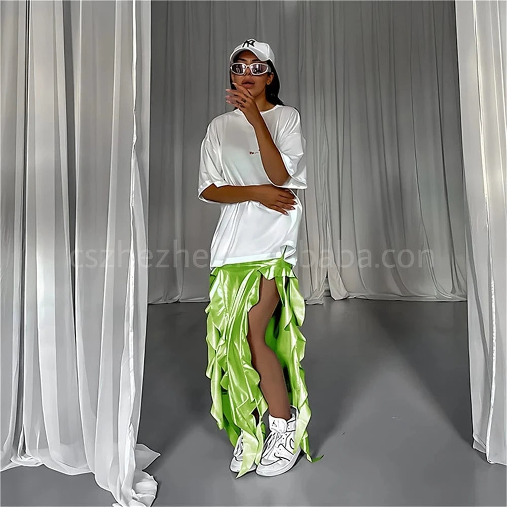 ZHEZHE 2024 New Arrivals Metal Fabric Tassel Fringe High Split Women's Skirts PU Fishtail Skirt Fashion irregular Skirt Ladies