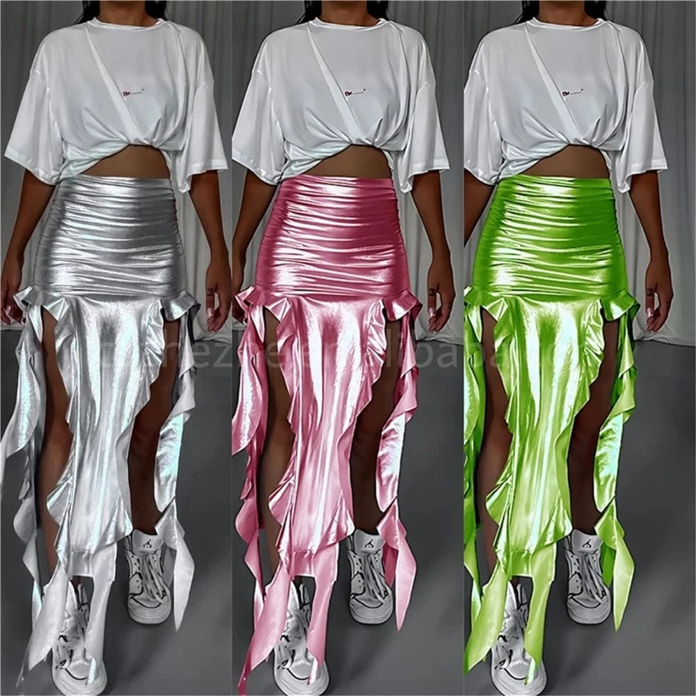ZHEZHE 2024 New Arrivals Metal Fabric Tassel Fringe High Split Women's Skirts PU Fishtail Skirt Fashion irregular Skirt Ladies