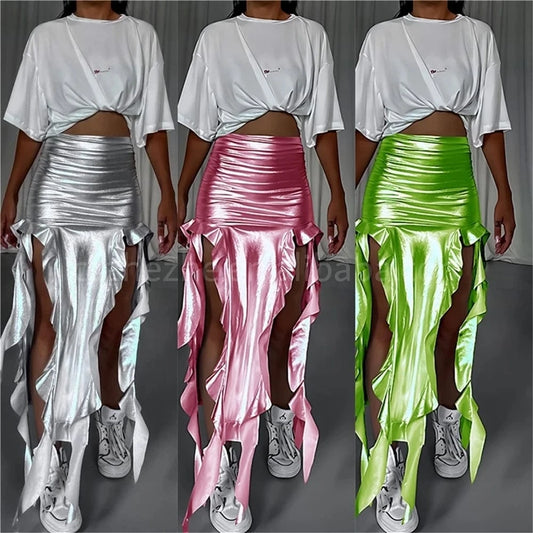 ZHEZHE 2024 New Arrivals Metal Fabric Tassel Fringe High Split Women's Skirts PU Fishtail Skirt Fashion irregular Skirt Ladies