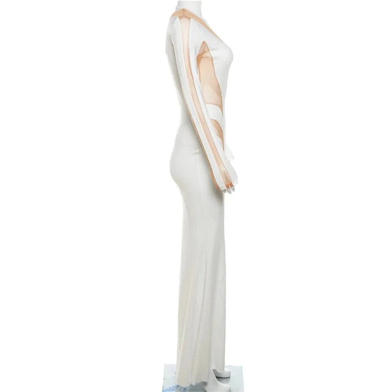 ZHEZHE 2024 New Arrivals Women Casual Slim Side Rhinestone Long Sleeve Slit Midi Dress Fashion Patchwork Maxi Dress