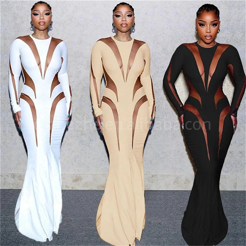 ZHEZHE 2024 New Arrivals Women Casual Slim Side Rhinestone Long Sleeve Slit Midi Dress Fashion Patchwork Maxi Dress