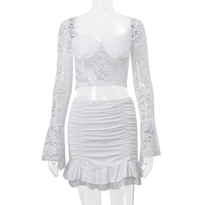 ZHEZHE 2024 New Clothes Women Sexy White Lace Outfits Two Pieces Skirts Sets
