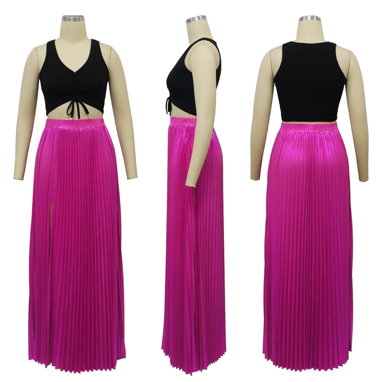 ZHEZHE 2024 New Fashion Solid Color High Waist Pleated Slit Skirt Women Midi Maxi Dress