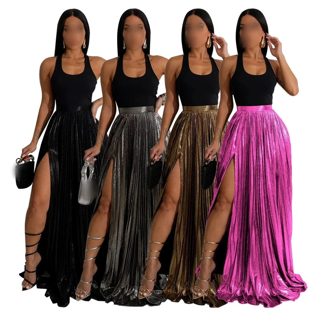 ZHEZHE 2024 New Fashion Solid Color High Waist Pleated Slit Skirt Women Midi Maxi Dress
