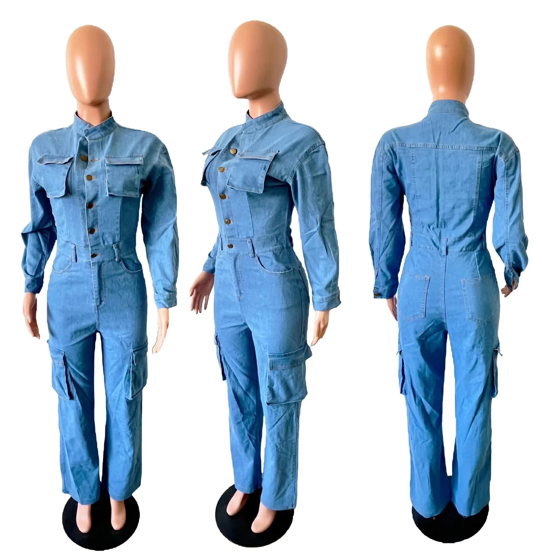 ZHEZHE 2024 New Spring Trendy Washed Denim Jumpsuits Long Sleeve Tight Waist Romper Multi Pocket Cargo Jumpsuits