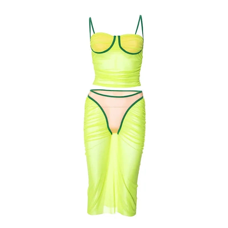ZHEZHE 2024 New Summer Wrinkle Women Clothes Set Camisole Tops+Midi Skirt Patchwork Mesh 2 Piece Sets For Women