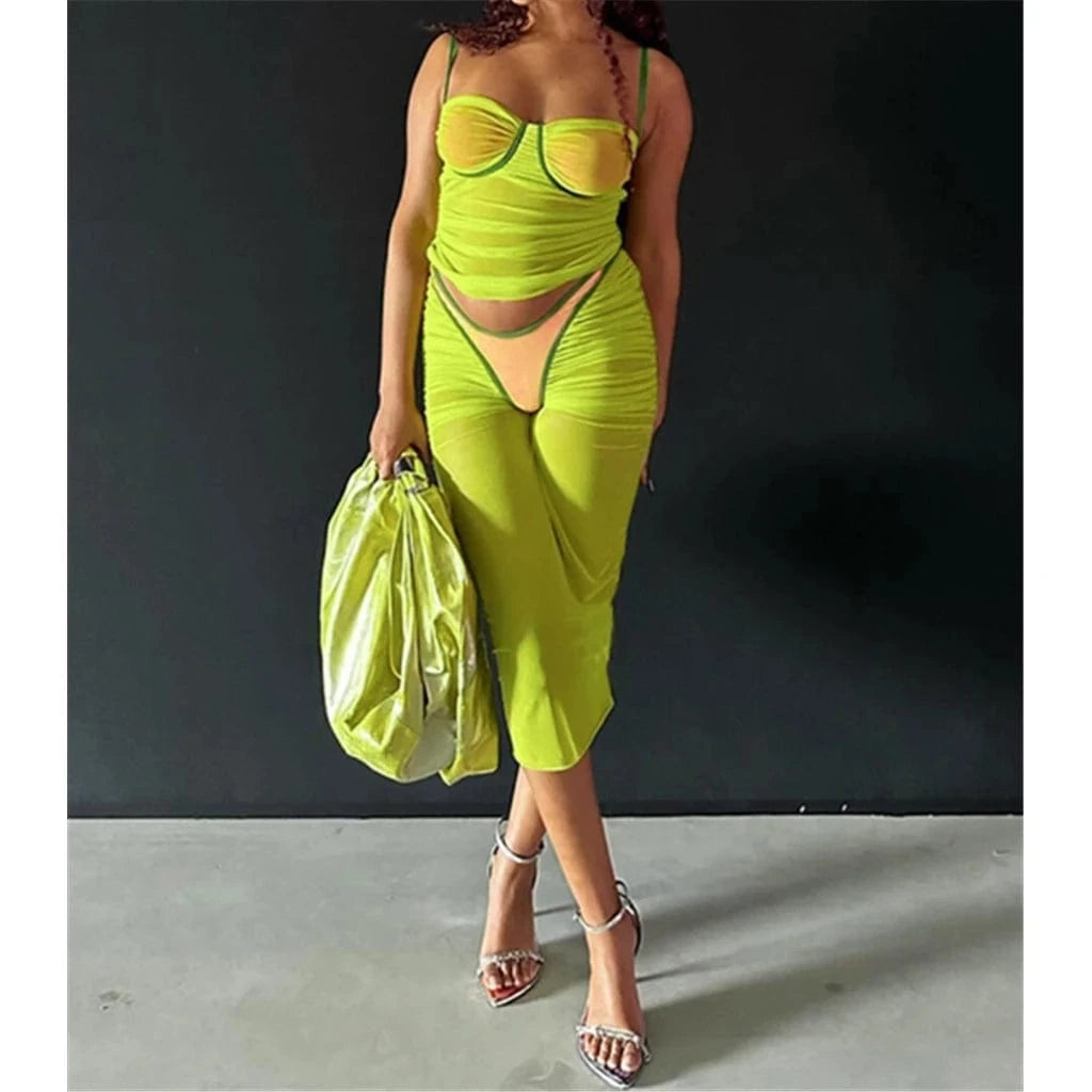 ZHEZHE 2024 New Summer Wrinkle Women Clothes Set Camisole Tops+Midi Skirt Patchwork Mesh 2 Piece Sets For Women