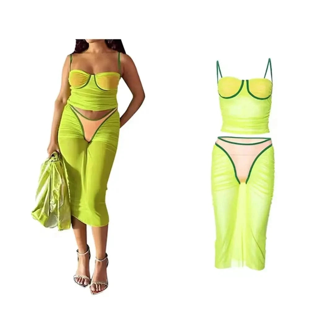 ZHEZHE 2024 New Summer Wrinkle Women Clothes Set Camisole Tops+Midi Skirt Patchwork Mesh 2 Piece Sets For Women
