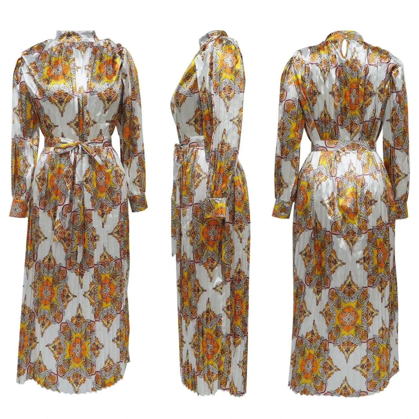 ZHEZHE 2024 New Trendy Fashion Printed Long sleeve Pleated Dress Elegant Fall Women's Dresses Printed African Dress