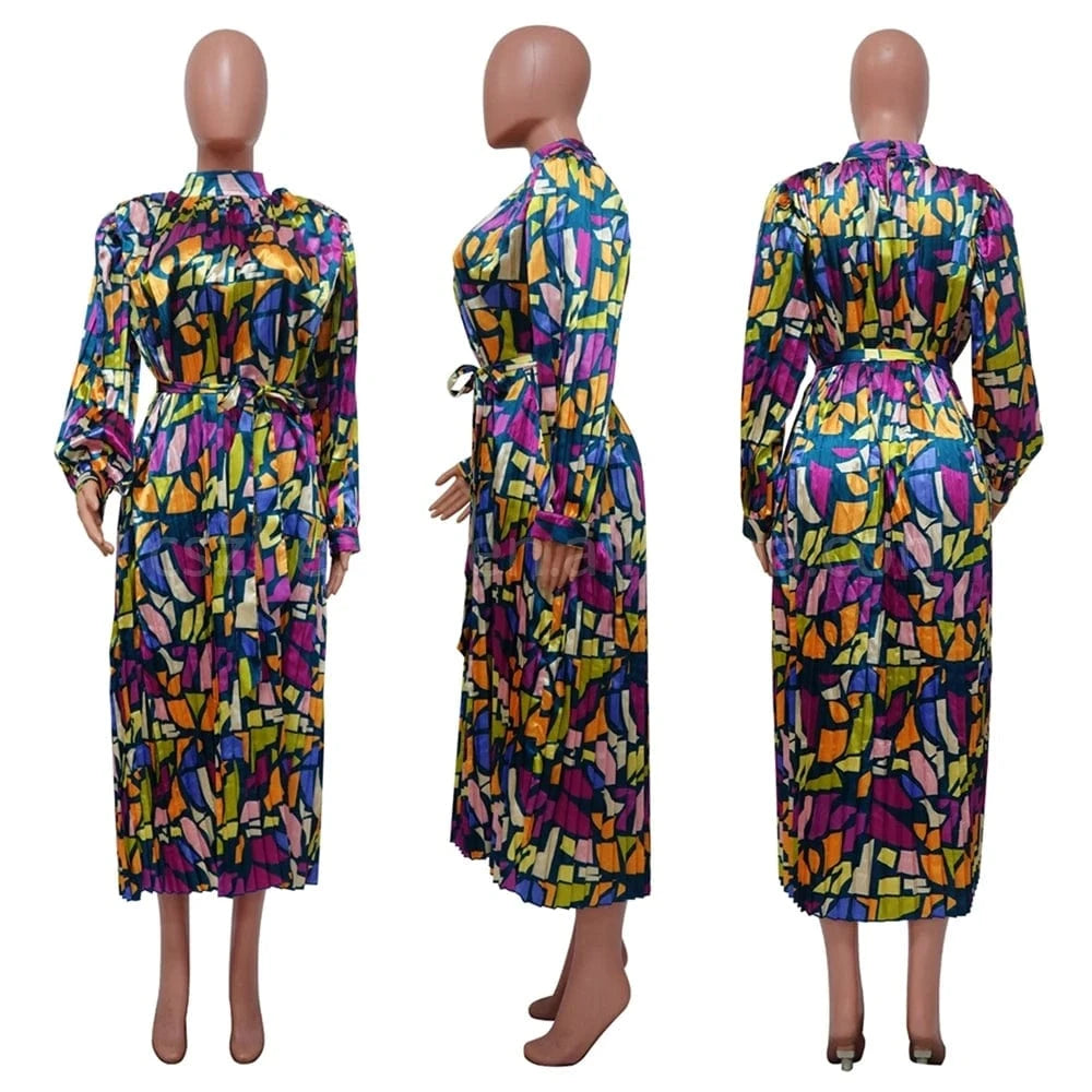 ZHEZHE 2024 New Trendy Fashion Printed Long sleeve Pleated Dress Elegant Fall Women's Dresses Printed African Dress