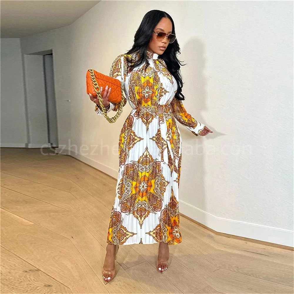 ZHEZHE 2024 New Trendy Fashion Printed Long sleeve Pleated Dress Elegant Fall Women's Dresses Printed African Dress