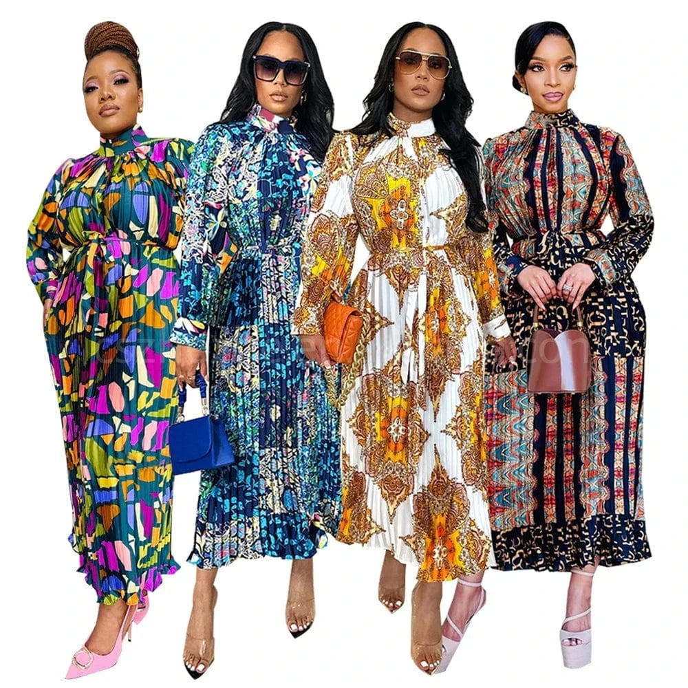 ZHEZHE 2024 New Trendy Fashion Printed Long sleeve Pleated Dress Elegant Fall Women's Dresses Printed African Dress