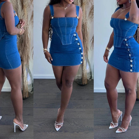 ZHEZHE 2024 Spring Jeans Mini Skirt Outfit Sexy Women Elegant Two Pieces Denim Club Matching Set Top+short Skirt