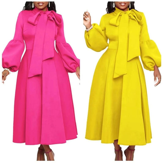 ZHEZHE 2024 Spring New Bubble Sleeves Bow tie Tie Large Skirt Hem High Waist Dress ladies elegant party formal dresses