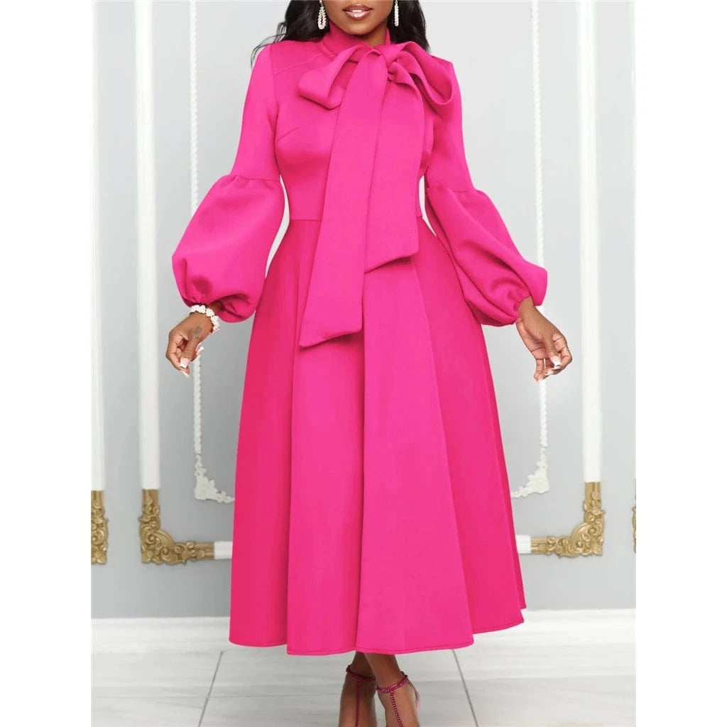 ZHEZHE 2024 Spring New Bubble Sleeves Bow tie Tie Large Skirt Hem High Waist Dress ladies elegant party formal dresses