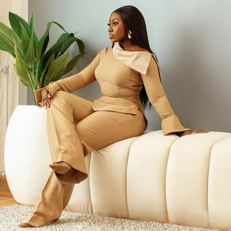 ZHEZHE 2024 Spring New Style Slant Neck Long Sleeve Slim Fit Top High Waist Long Pants Casual Women's Set