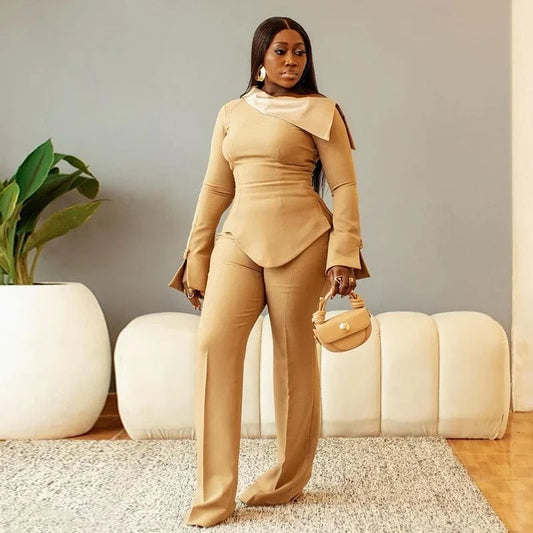ZHEZHE 2024 Spring New Style Slant Neck Long Sleeve Slim Fit Top High Waist Long Pants Casual Women's Set