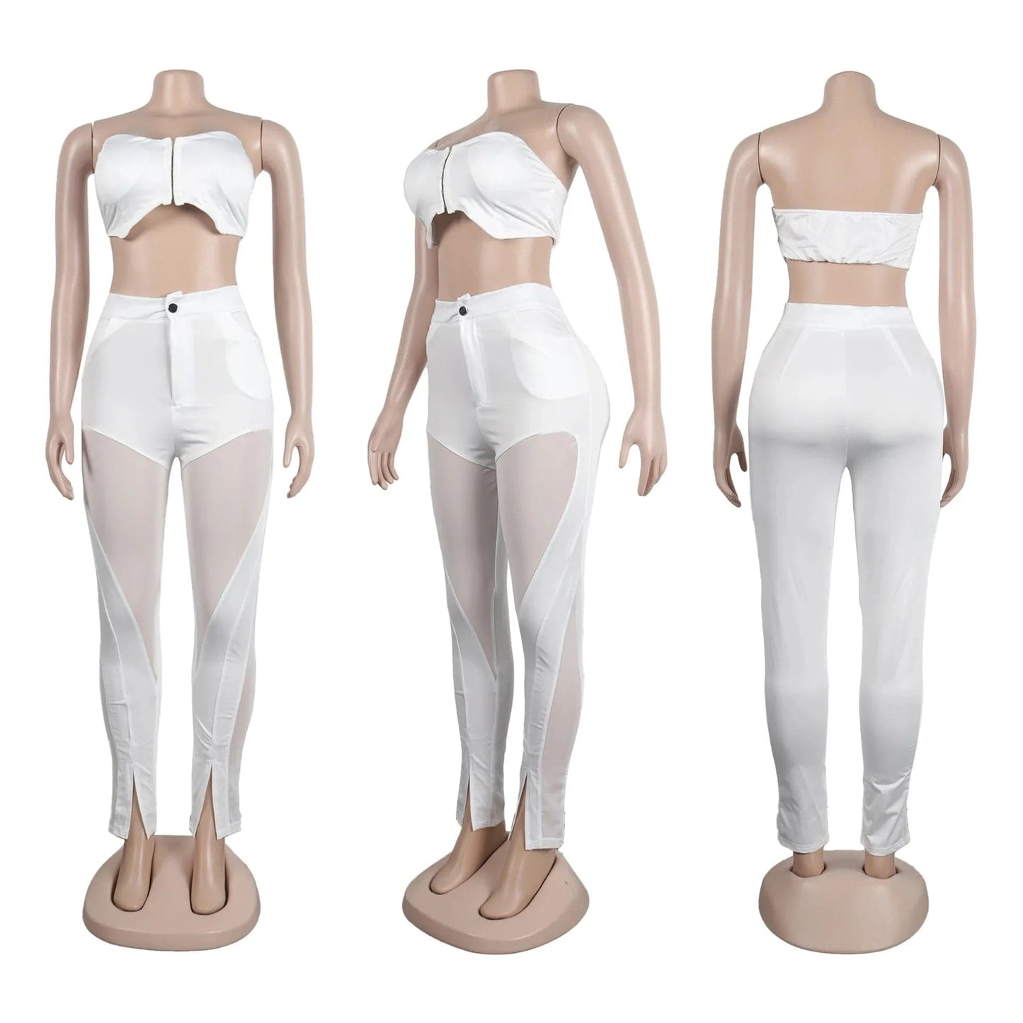 ZHEZHE 2024 Spring summer Women Sexy Tube Crop Top And Flare Slit Hem Mesh Patchwork Pants Casual 2 Piece Outfit