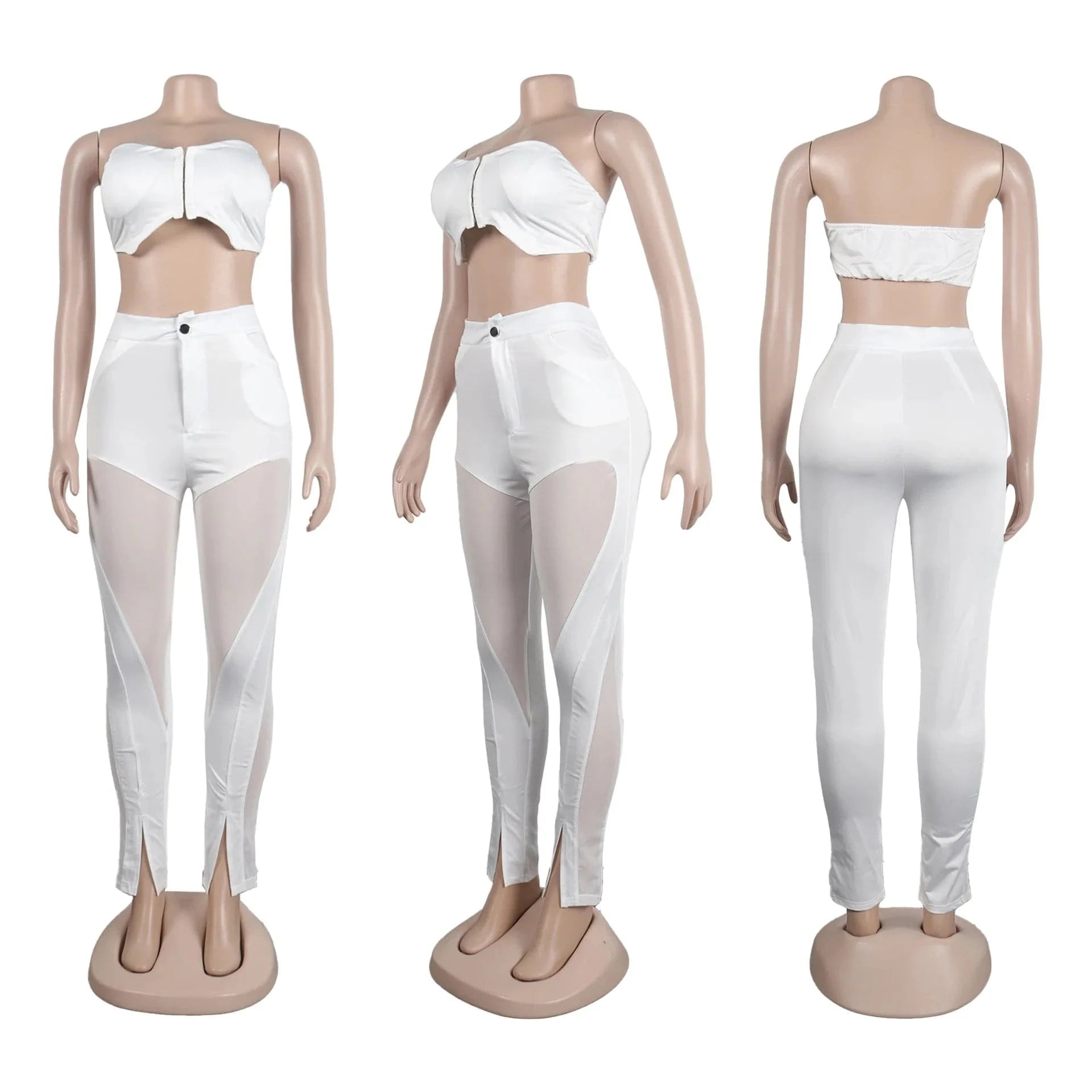 ZHEZHE 2024 Spring summer Women Sexy Tube Crop Top And Flare Slit Hem Mesh Patchwork Pants Casual 2 Piece Outfit