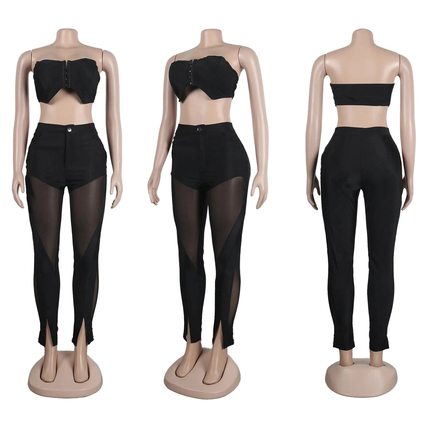 ZHEZHE 2024 Spring summer Women Sexy Tube Crop Top And Flare Slit Hem Mesh Patchwork Pants Casual 2 Piece Outfit