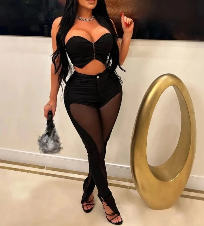 ZHEZHE 2024 Spring summer Women Sexy Tube Crop Top And Flare Slit Hem Mesh Patchwork Pants Casual 2 Piece Outfit