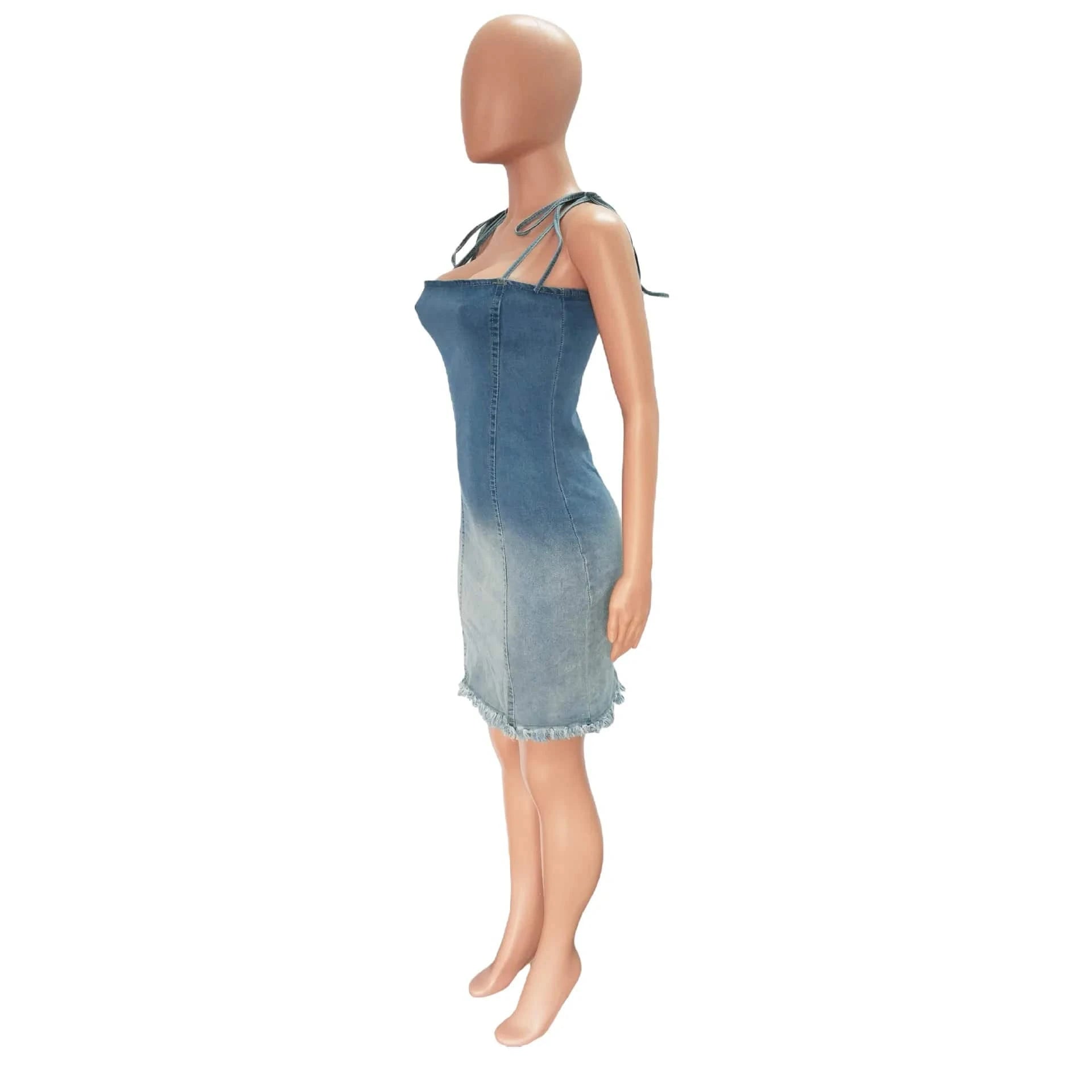 ZHEZHE 2024 summer gradient spaghetti strap women denim dresses slim fit sexy bodycon dress