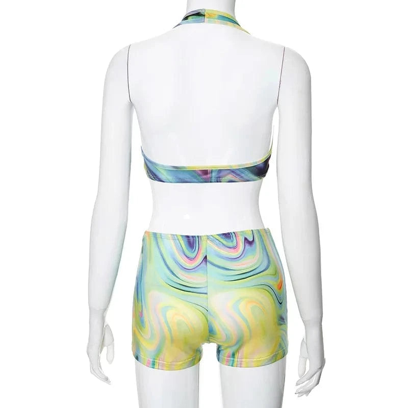ZHEZHE 2024 Summer New Fashion Print Hanging Neck Tank Top And Elastic Biker Shorts Women Sports 2 Piece Set