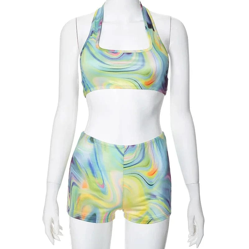 ZHEZHE 2024 Summer New Fashion Print Hanging Neck Tank Top And Elastic Biker Shorts Women Sports 2 Piece Set
